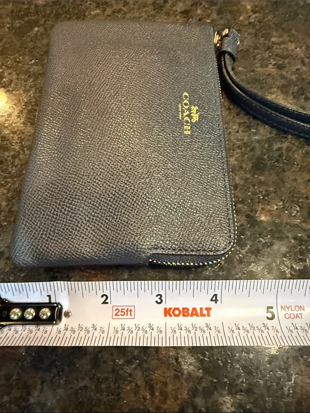 Coach Navy Textured Leather Wristlet with Gold Logo
